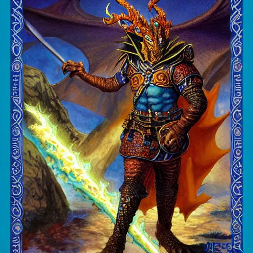 Image similar to half length portrait of a medieval d & d fantasy anthropomorphic blue dragon - human hybrid sorcerer, d & d rulebook cover art by jeff easley