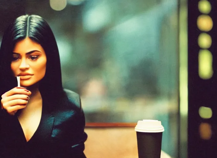 Prompt: a close - up, color cinema film still of kylie jenner drinking coffee at a starbucks, ambient lighting at night, from matrix ( 1 9 9 9 ).
