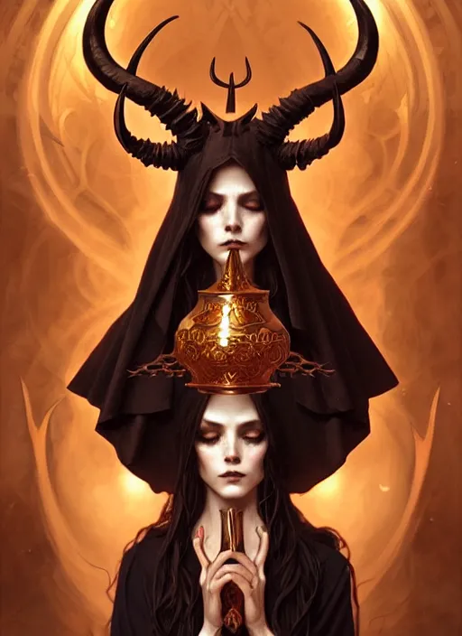 Image similar to a beautiful illustration of a satanic witch with horns in head holding a chalice, intricate, sharp focus, illustration, highly detailed, digital painting, concept art, matte, art by WLOP and Artgerm and Greg Rutkowski and Alphonse Mucha, masterpiece