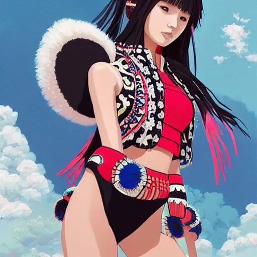 Image similar to a beautiful young japanese natalie portman alluring gravure model, stylized concept art, wearing elaborate oversized designer bomber jacket and one piece bikini, bulky bomber jacket with mesoamerican patterns, mesoamerican native street fashion, princess mononoke, painted by ilya kuvshinov aesthetic, gorgeous, stunning, alluring, attractive, artstation, pinterest, digital art