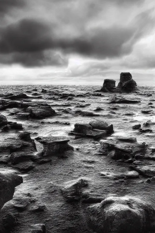 Prompt: a stormy sea shore with brutalist giant architectural rocks, grey tones, 8k resolution, dramatic sky, 3D, depth of field, futuristic , detailed digital art