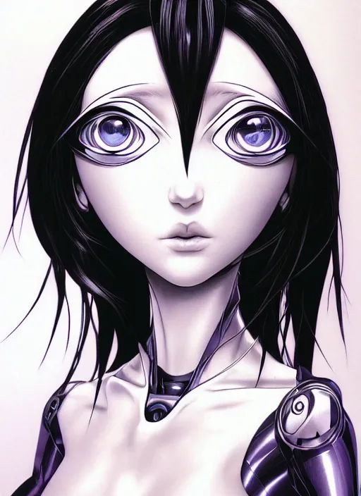 Image similar to portrait of Alita by Yukito Kishiro, biomechanical, hyper detailled, trending on artstation