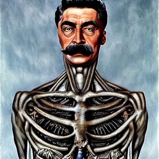 Image similar to bodyhorror portrait of josef stalin abomination, photo - realistic, color image, 2 k, highly detailed, by h. r. giger