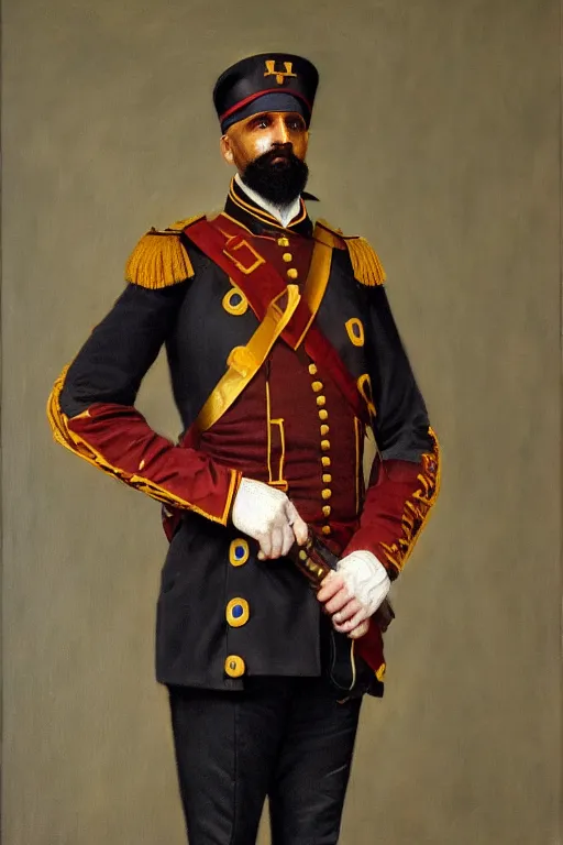 Image similar to full body portrait of the dictator of the cleveland cavaliers, 1 8 8 9, in full military garb, oil on canvas by william sidney mount, trending on artstation