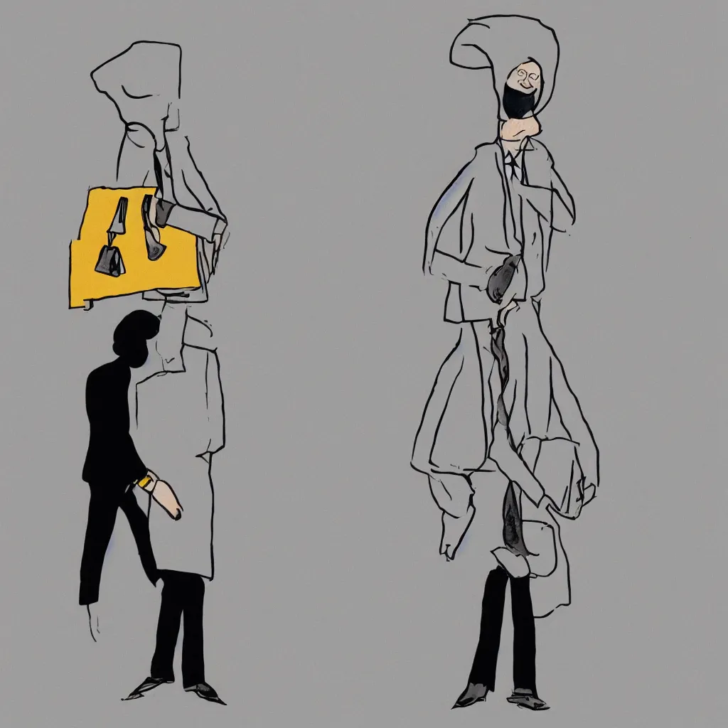 Image similar to Man in a business suit with a bag covering his head, by David Shrigley