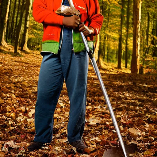 Image similar to closeup portrait of a cleaner with a huge rake in a fall forest, sports photography, by Neil Leifer and Steve McCurry and David Lazar, natural light, detailed face, CANON Eos C300, ƒ1.8, 35mm, 8K, medium-format print