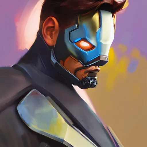 Image similar to greg manchess portrait painting of tony stark as overwatch character, totally whack, medium shot, asymmetrical, profile picture, organic painting, sunny day, matte painting, bold shapes, hard edges, street art, trending on artstation, by huang guangjian and gil elvgren and sachin teng