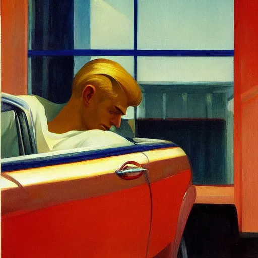 Prompt: a detailed painting, blonde man at a car store, edward hopper,