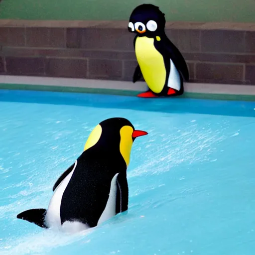 Image similar to a cartoon penguin going down a waterslide