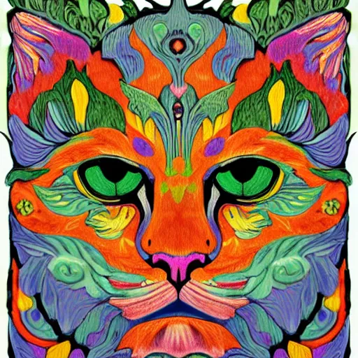 Image similar to colourful green man as a cat face by louis wain and william morris, extreme closeup, 8 k, artstation