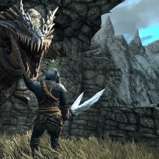 Image similar to joe biden tame a dragon in skyrim world. 8 k, hd, detailed.