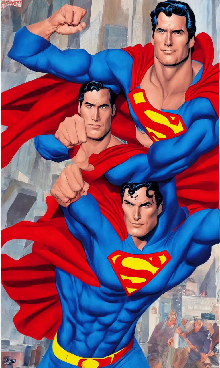 Image similar to a famous handsome actor as superman by alex ross