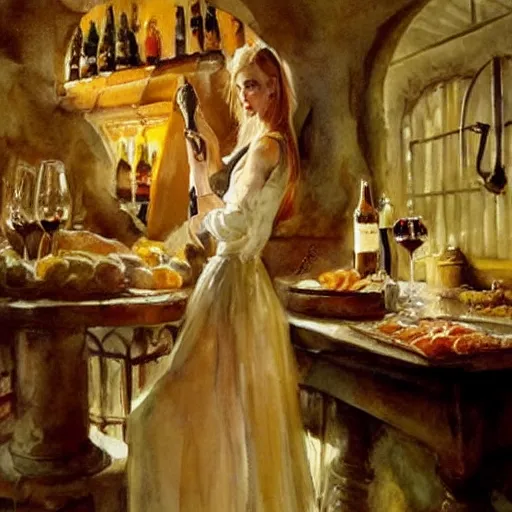 Image similar to beautiful blonde in hot dress in a wine cellar, food, pork, beer, schnapps, rustic, traditional, torches on the wall, watercolor by vladimir volegov and anders zorn, highly detailed, masterpiece