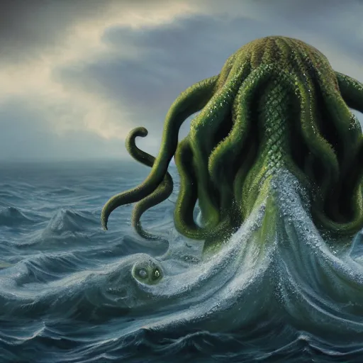 Prompt: photo of cthulhu at sea, hyper realism, 8 k