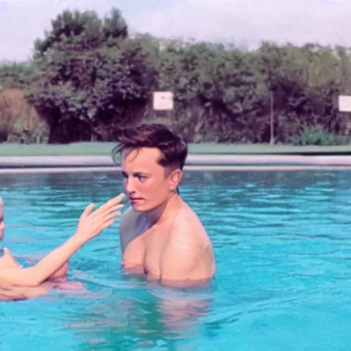 Prompt: elon musk training young emma watson how to swim cinestill 800t