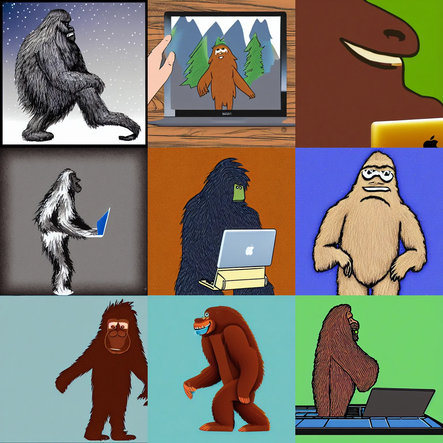 Prompt: a bigfoot using a macbook, digital art