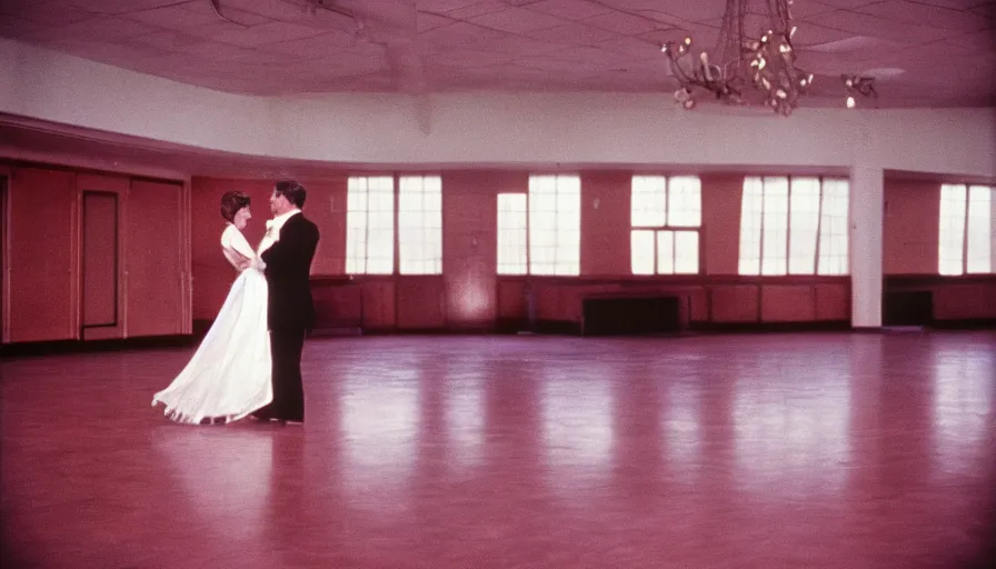 Prompt: 60s movie still of a sovietic stalinist style empty ballroom with 1 couple dancing, cinestill 800t 50mm eastmancolor, liminal Space style, heavy grain-s 150