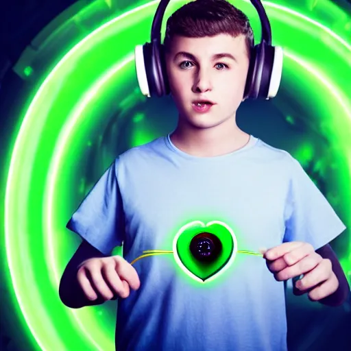 Image similar to sci-fi mechanical exploding pulsating human green heart of a 14yo boy, clockwork mechanical, sci-fi jewellery, hyper realistic, human anatomy, robot, listening to music through headphones, background is a green cotton surgical sheet