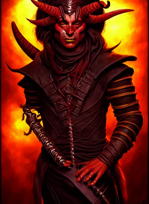 Image similar to tiefling bard, full body, hyper realistic, extremely detailed, dnd character art portrait, dark fantasy art, intricate fantasy painting, dramatic lighting, vivid colors, deviantart, artstation, by clyde caldwell.
