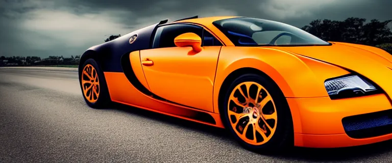 Image similar to orange and black bugatti veyron, driving in South Tangerang, South Jakarta, Indonesia, close up shot, Tilted frame, dutch angle, Deep depth of field, Midday, harsh overhead sunlight, directional sunlight skewed shot, vivid, lively, energetic, colorful, joyful, high quality, trending on artstation,