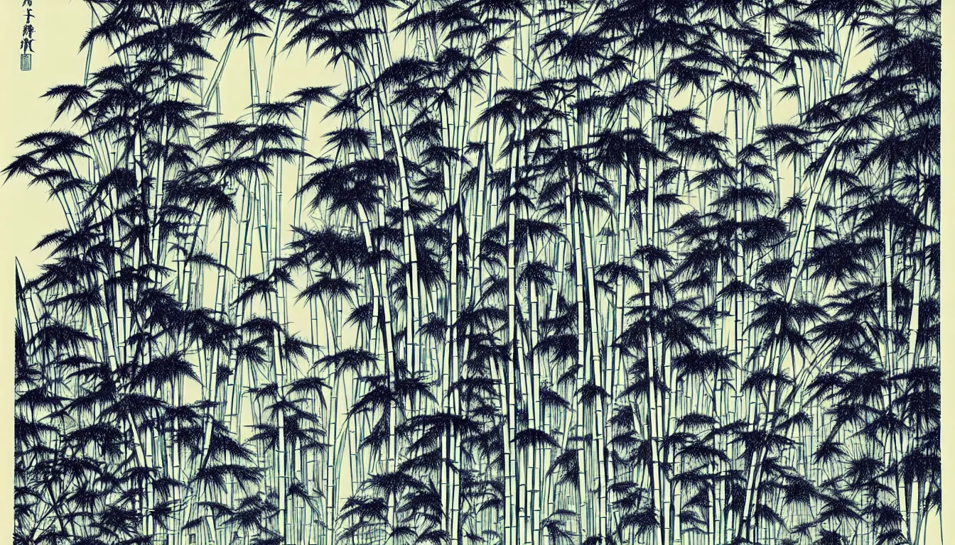 Prompt: bamboo grove with large ferns by woodblock print, nicolas delort, moebius, victo ngai, josan gonzalez, kilian eng