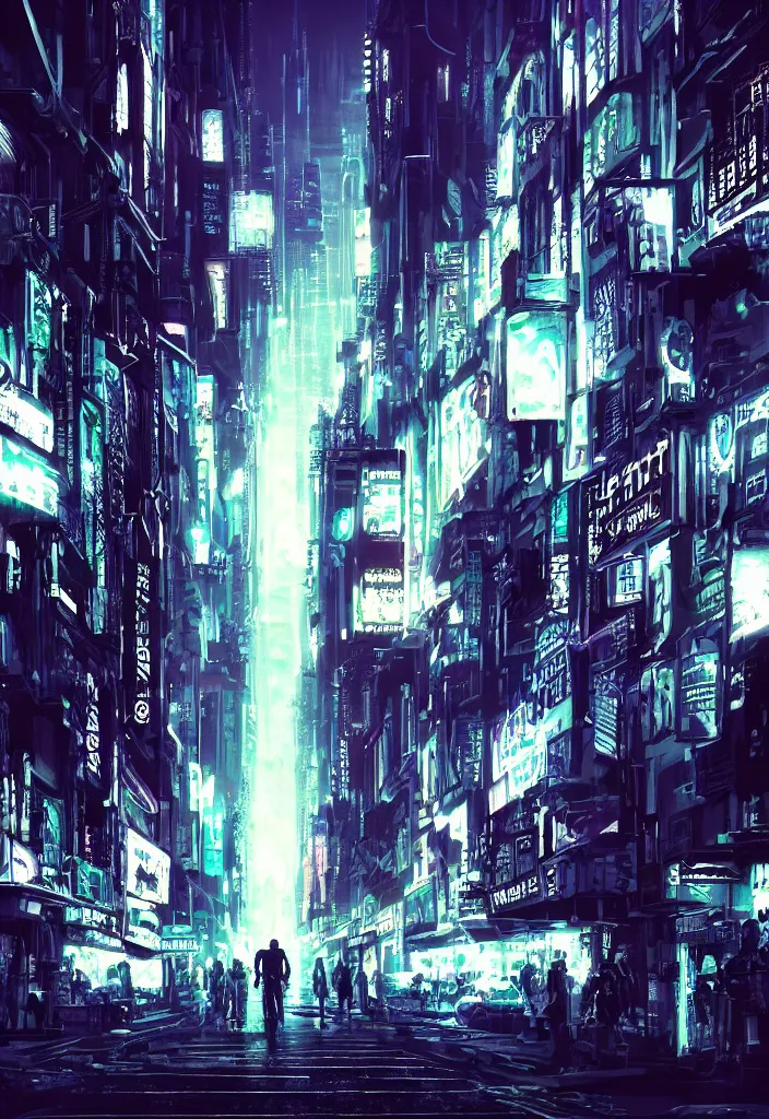 Image similar to concept art of a magnificent dark neon futuristic cyberpunk city bustling street at night cyberart in the style of liam wong, dramatic and moody, masterpiece, 8 k, high resolution, film grain