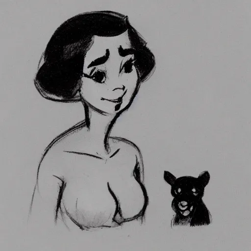 Image similar to milt kahl sketch of black hair cuban girl with dog nose