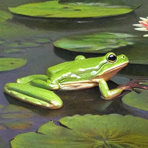 Image similar to !!! sticker!!! a frog in the water lily, white background, highly detailed, digital art, matte painting, sharp focus, matte painting, by isaac levitan, monet, asher brown durand,