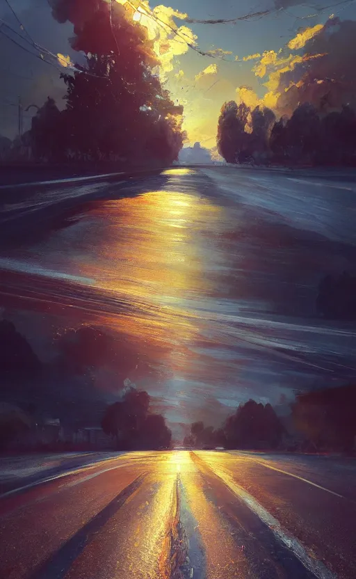 Image similar to paperback book cover by wlop. pure colors, melting clouds, accurately drawn details, a sunburst above a receding road with the light reflected in furrows and ruts, after rain. photorealistic. octane render. cinematic. trending on artstation. textless.