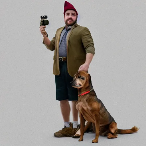 Image similar to a person standing next to a dog, gnome - sized human, truck - sized dog, stock photo, realistic, professional lighting, artstation