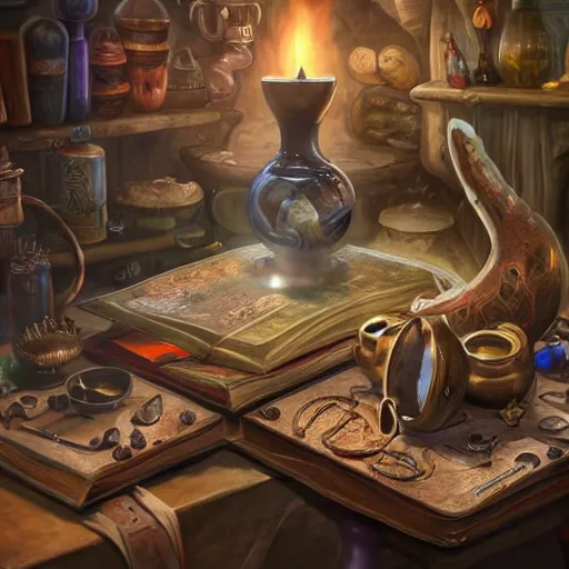 Image similar to hyper real, table, magic book, wizards laboratory, tony sart, mortar, pestle, scales, energy flowing, ancient brown map, beakers of colored liquid