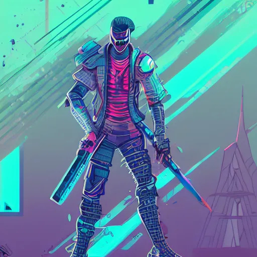 Prompt: katana zero video game character, huge sword, cyborg, synthwave art, colorful, digital art, thiago lehmann