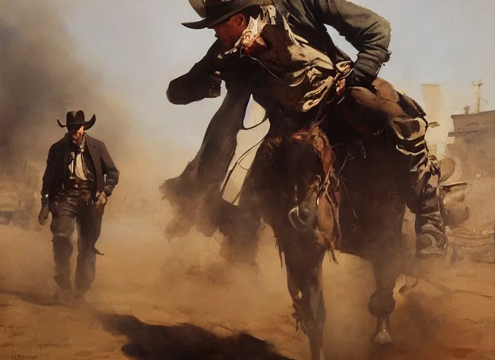 Prompt: oil painting of old rugged cowboy in wild west street, shooting revolver, shoot gun, gun smoke, art by anders zorn, wonderful masterpiece by greg rutkowski, beautiful cinematic light, american romanticism by greg manchess, reflections in copper, sunlight, dust and steam