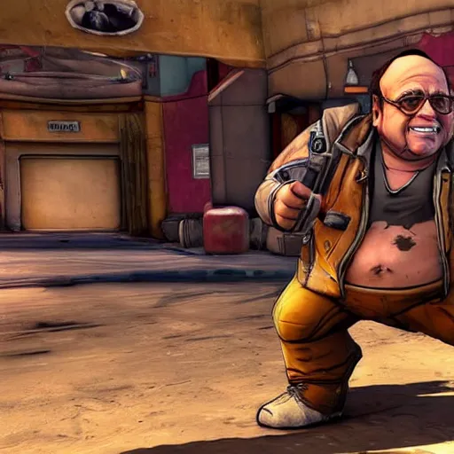 Image similar to a screenshot of danny devito in the video game borderlands 2. 3 d rendering, unreal engine. amazing likeness. very detailed. cartoon caricature