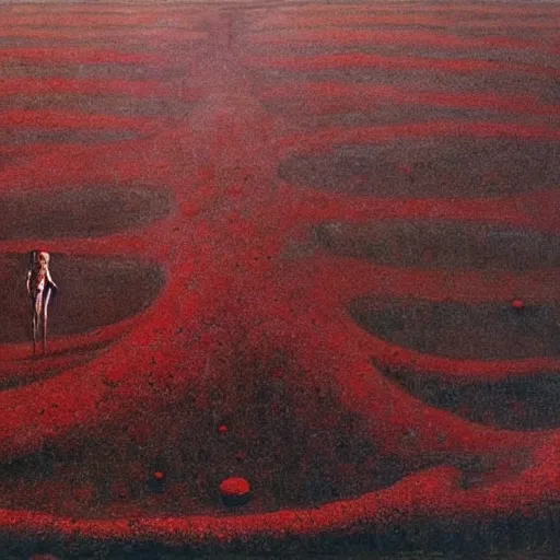 Image similar to people with blood all over them, sea made of the blood, ground is made from gravel, clear blue sky, gravel ground, beksinski style