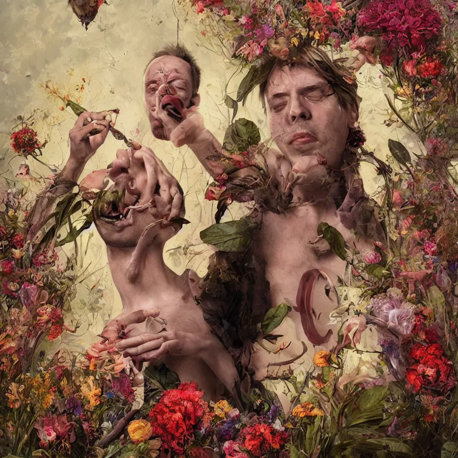 Prompt: male portrait of anorexic john zorn todd solondz eating rotten flesh and puking blood wearing a thong, surrounded by flowers by karol bak, james jean, tom bagshaw, rococo, trending on artstation, cinematic lighting, hyper realism, octane render, 8 k, hyper detailed.