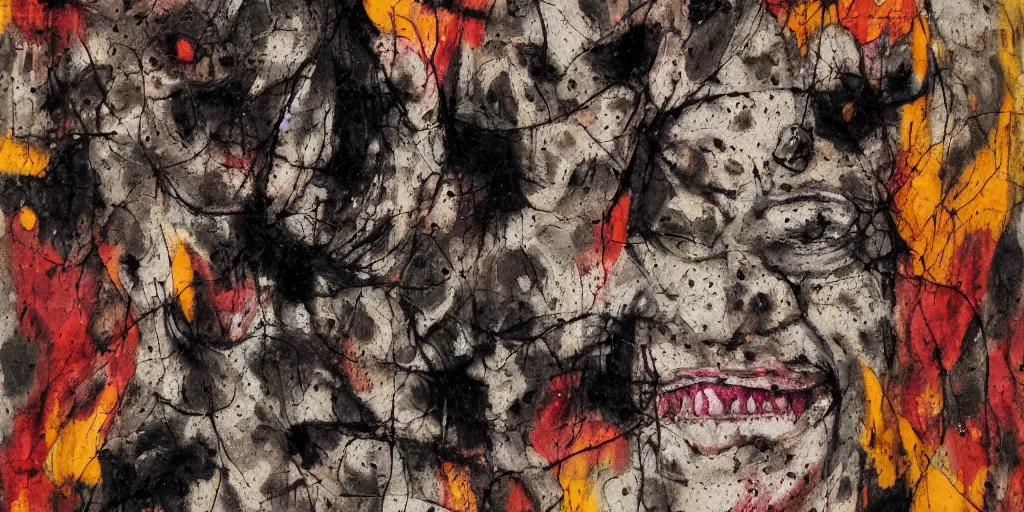 Image similar to camo made of teeth, smiling, abstract, francis bacon artwork, cryptic, dots, stipple, lines, splotch, color tearing, pitch bending, faceless people, dark, ominious, eerie, minimal, points, technical, old painting