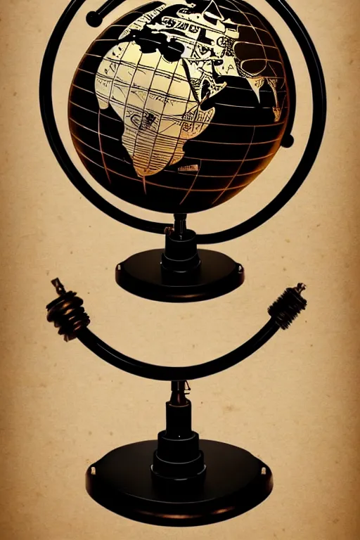 Image similar to ornate steampunk rotating globe on stand, high details, lineart, by vincent di fate, inking, 3 color screen print, masterpiece, trending on artstation, sharp, high contrast, hyper - detailed,, hd, 4 k, 8 k