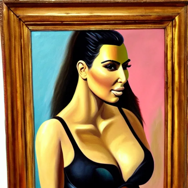 Prompt: a beautiful painting kim kardashian wear a cute bra and look in the mirror, by salvador dali realistic oil painting