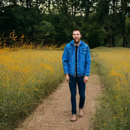 Image similar to steven bonnell ii in a blue jacket walking in a field, 5 0 mm sigma lens, sony a 7 siii