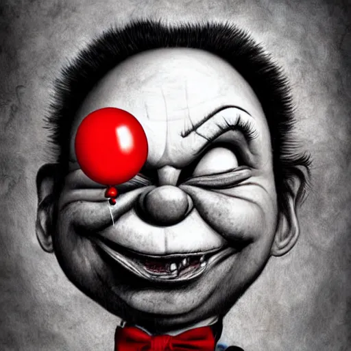 Prompt: surrealism grunge cartoon portrait sketch of clown with a wide smile and a red balloon by - michael karcz, loony toons style, chucky style, horror theme, detailed, elegant, intricate