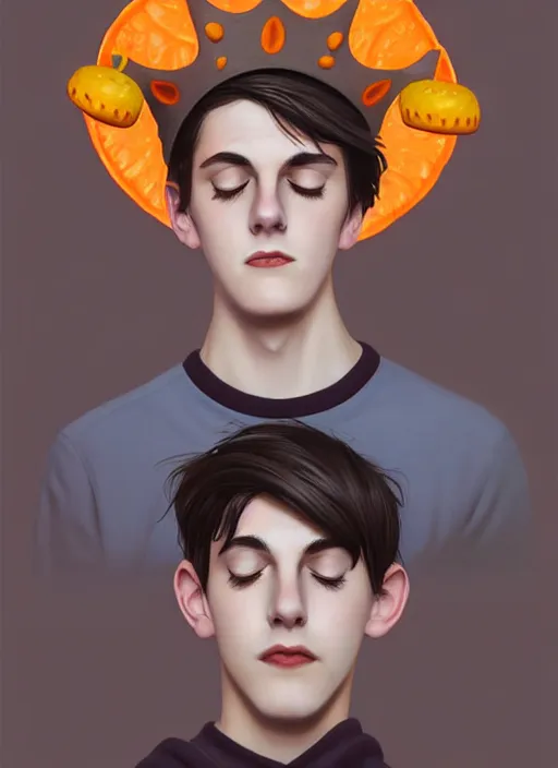 Image similar to portrait of teenage jughead jones wearing a light grey crown, symmetrical crown, sweater with picture of hamburger, eyes closed, crown, black hair, orange, intricate, elegant, glowing lights, warm lighting, highly detailed, digital painting, artstation, concept art, smooth, sharp focus, illustration, art by wlop, mars ravelo and greg rutkowski