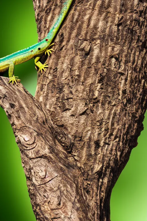 Prompt: highly detailed photo of a lizard running up a tree, 3 5 mm, 4 k, photorealistic