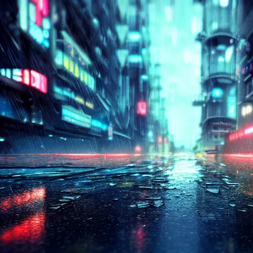 Prompt: 8 k artstation photograph rainy city cracked and crumbling into the ocean with scifi cyberpunk aesthetic hyper realistic