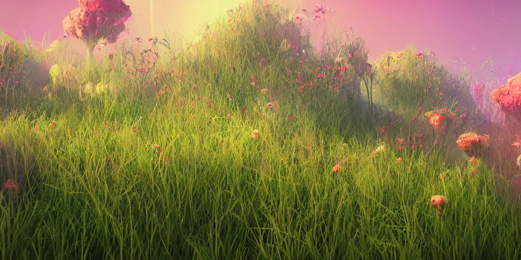 Prompt: compression algorithm meadows with flora made out of alien materials, computer-circuitry based structures sticking out, abstract!!!!!!!!!!!!!, pastel tones, ray-tracing, 4k, octane render, trending on artstation