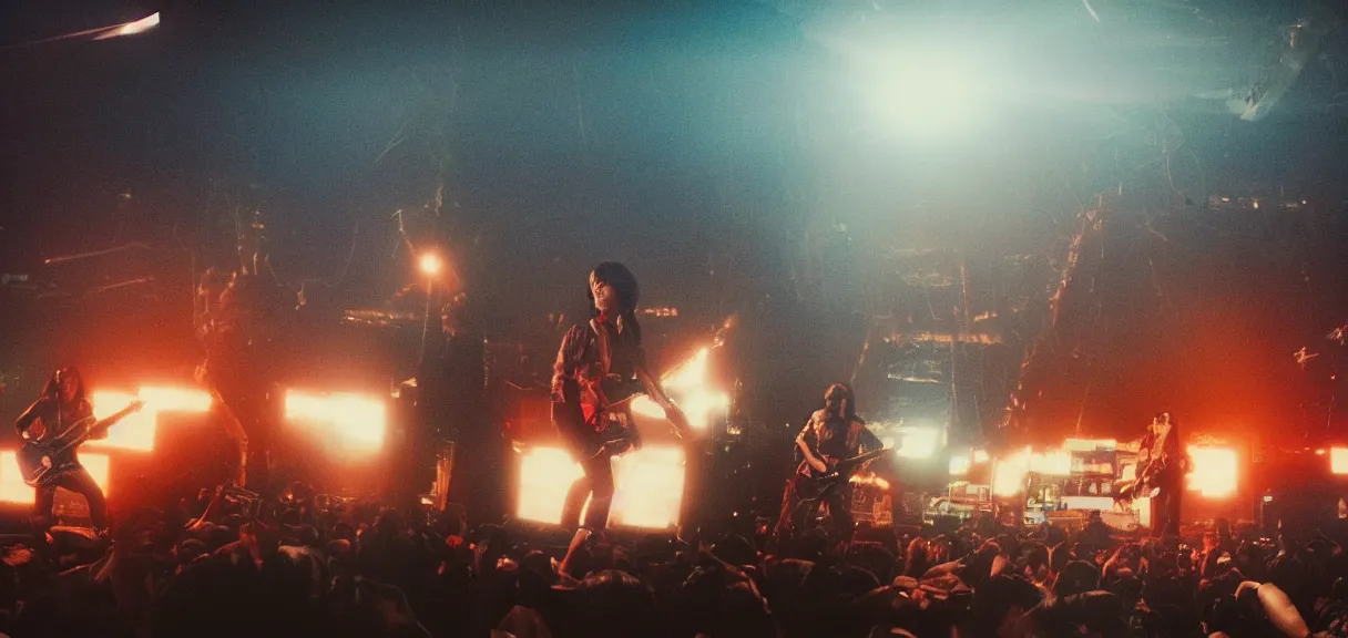 Image similar to The wide shot of disco rock Asian band with long dark hair playing on guitars while Godzilla destructs the night city, Godzilla on the horizon line, by Lubezki and David Lynch, anamorphic 35 mm lens, cinematic, anamorphic lens flares 4k