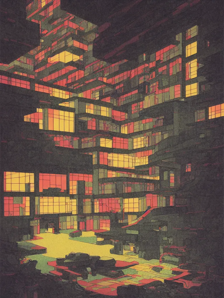 Image similar to a psychedelic hallucination of a brutalist hotel in the snowy mountains, by kawase hasui, moebius, edward hopper, colorful flat surreal design, dramatic lighting, hd, 8 k, artstation