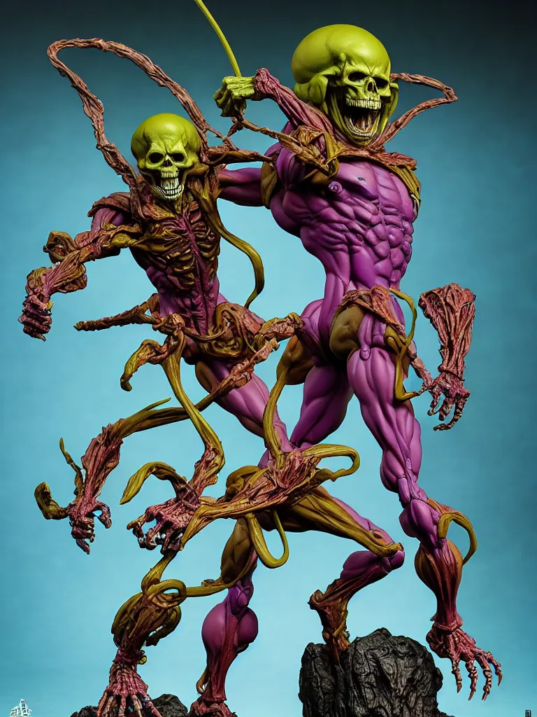 Image similar to hyperrealistic rendering, skeletor by bernie wrightson and killian eng and joe fenton, product photography, action figure, sofubi, studio lighting, colored gels