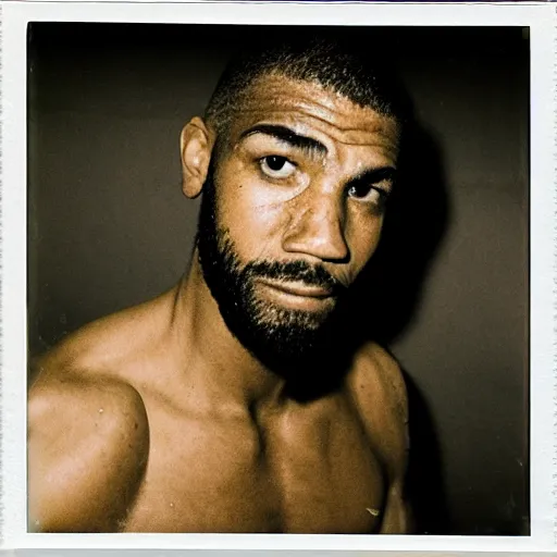 Image similar to close up portrait of boxer after boxing with brews blood sweating, photography photojournalism, very grainy image, 80mm lens, polaroid, very sharp