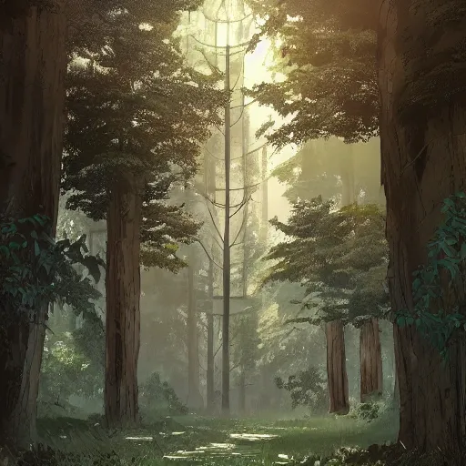 Image similar to concept art painting of trees with doors and windows, walkways between trees, in a deep forest, realistic, detailed, cel shaded, in the style of makoto shinkai and greg rutkowski and james gurney